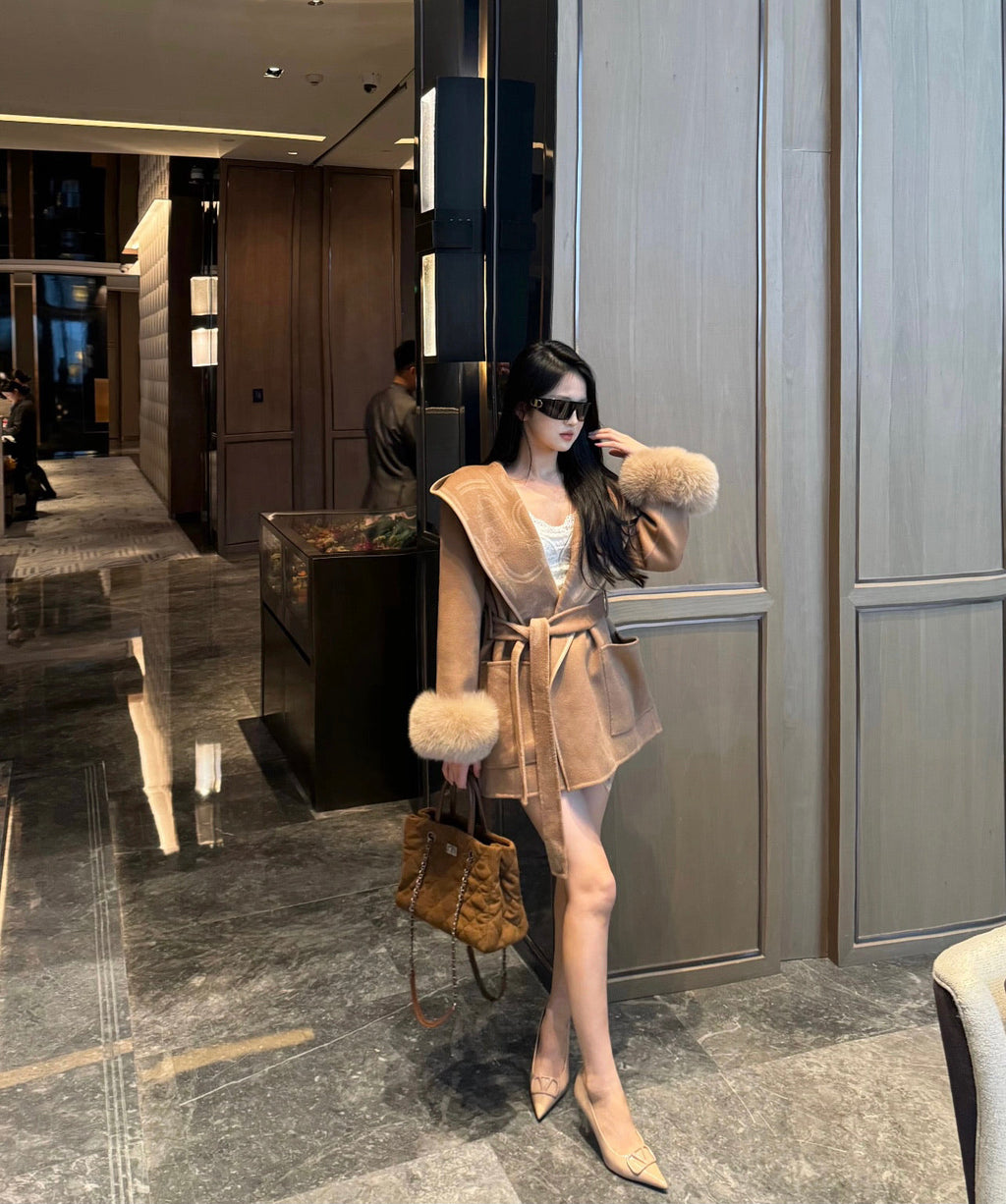 Hermès Old Money Style Detachable Fur Sleeve Wool Coat
