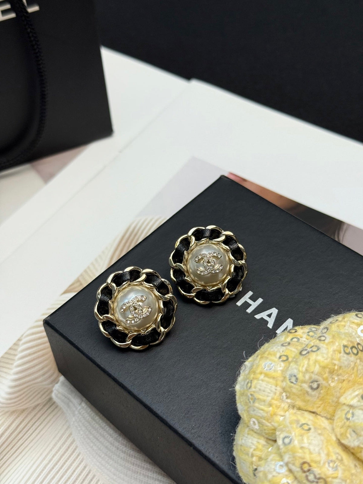 Chanel Vintage Sunflower Woven Pearl Stud Earrings