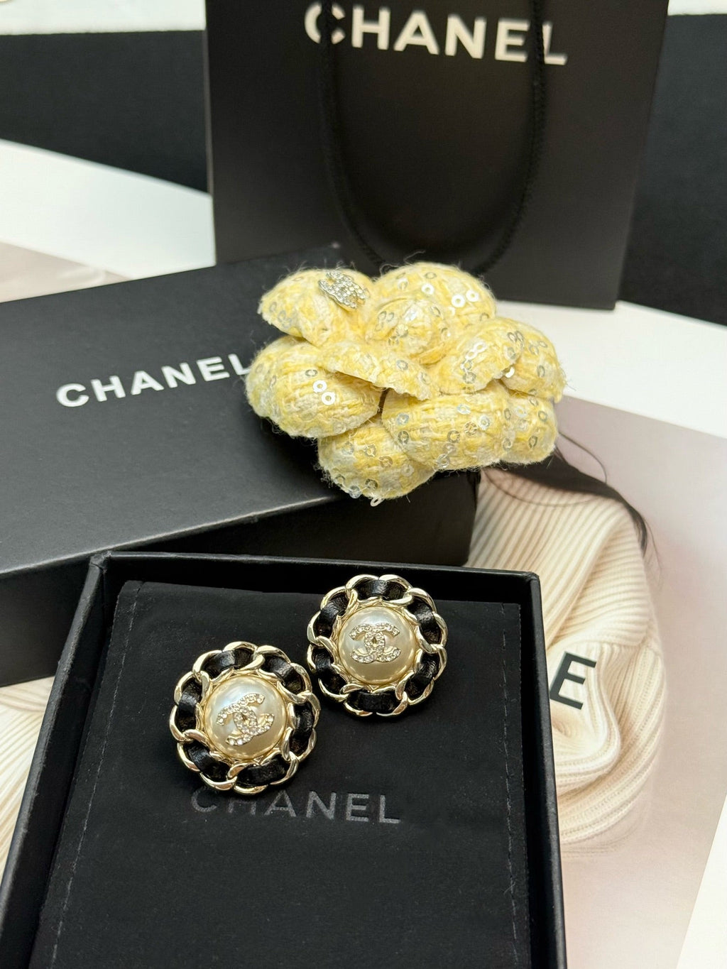 Chanel Vintage Sunflower Woven Pearl Stud Earrings