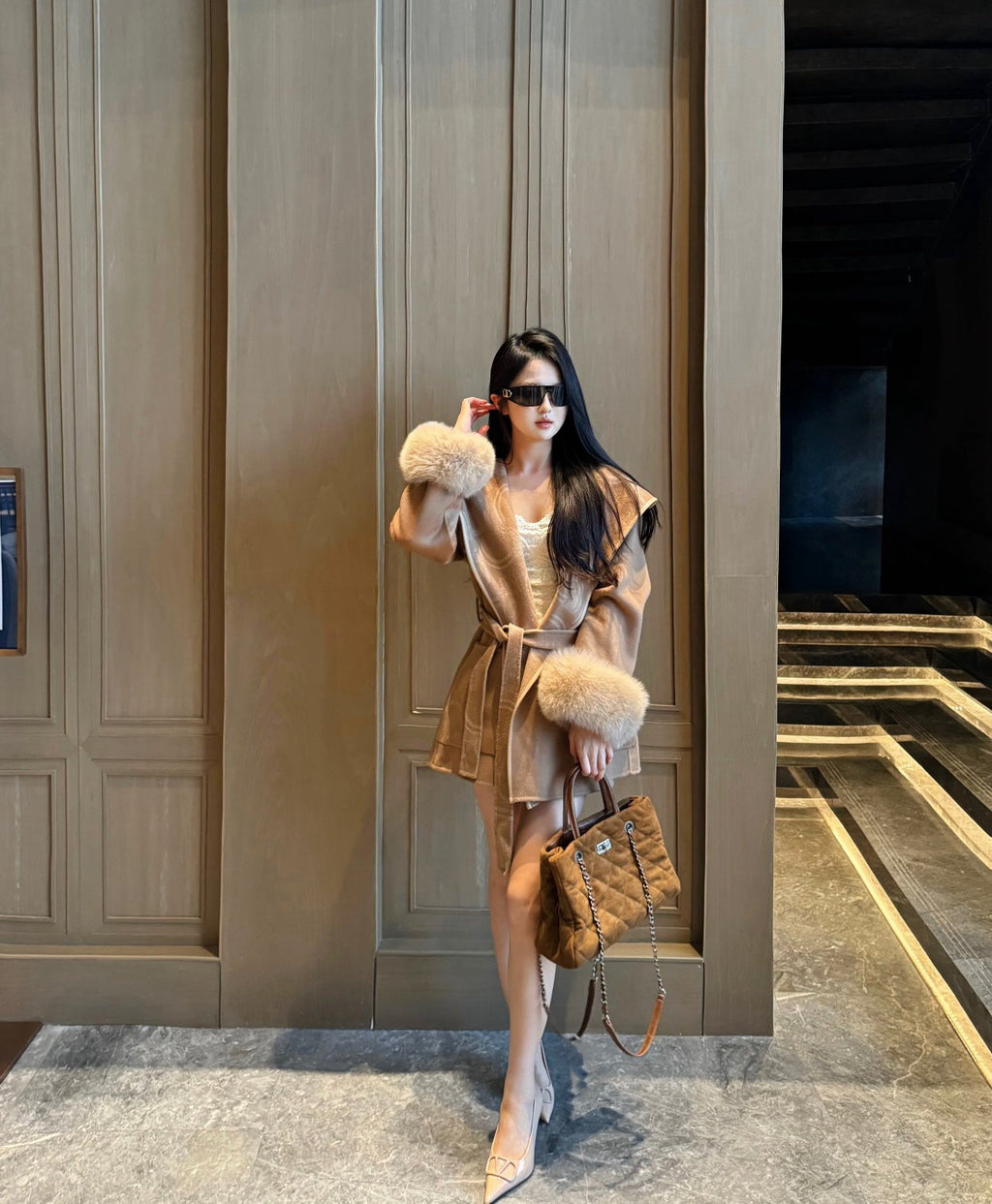 Hermès Old Money Style Detachable Fur Sleeve Wool Coat