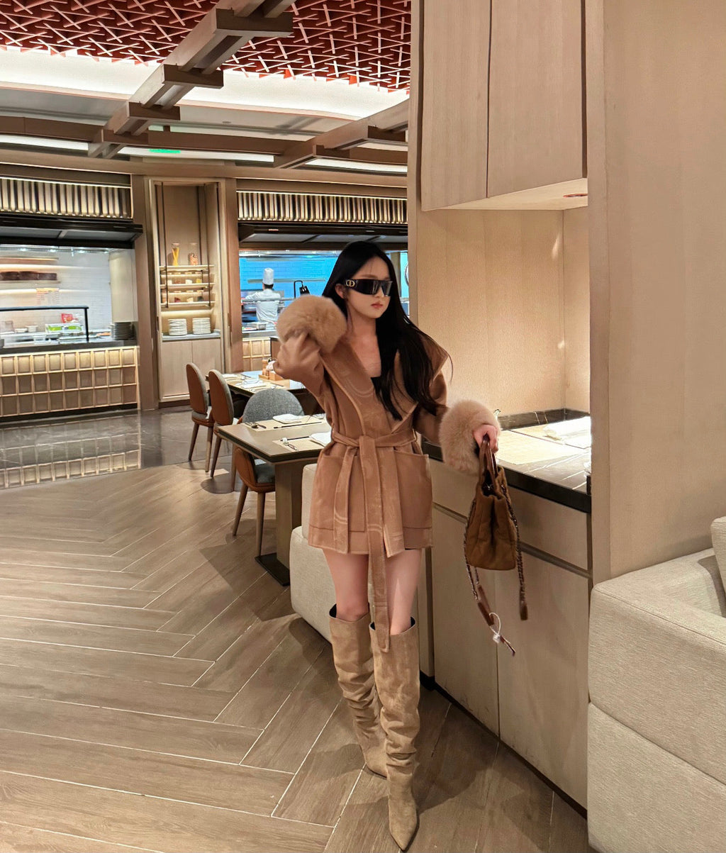 Hermès Old Money Style Detachable Fur Sleeve Wool Coat
