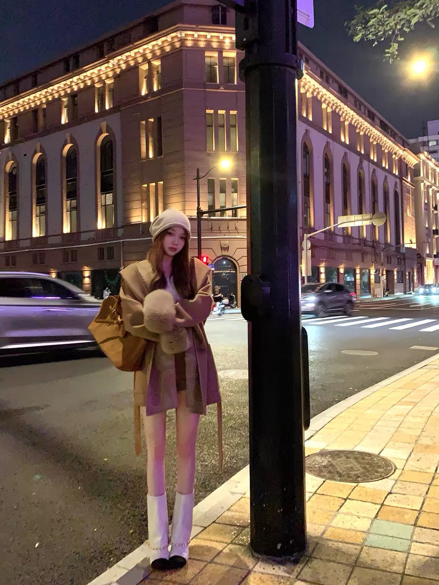 Hermès Old Money Style Detachable Fur Sleeve Wool Coat