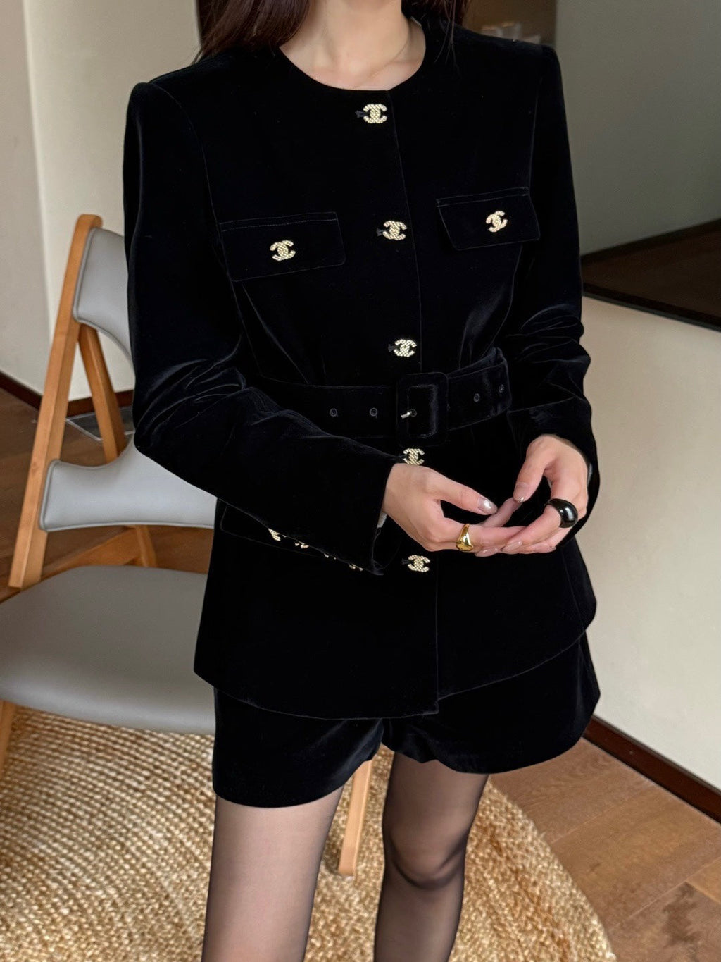 Chanel Double C Velvet Tie-Belt Jacket