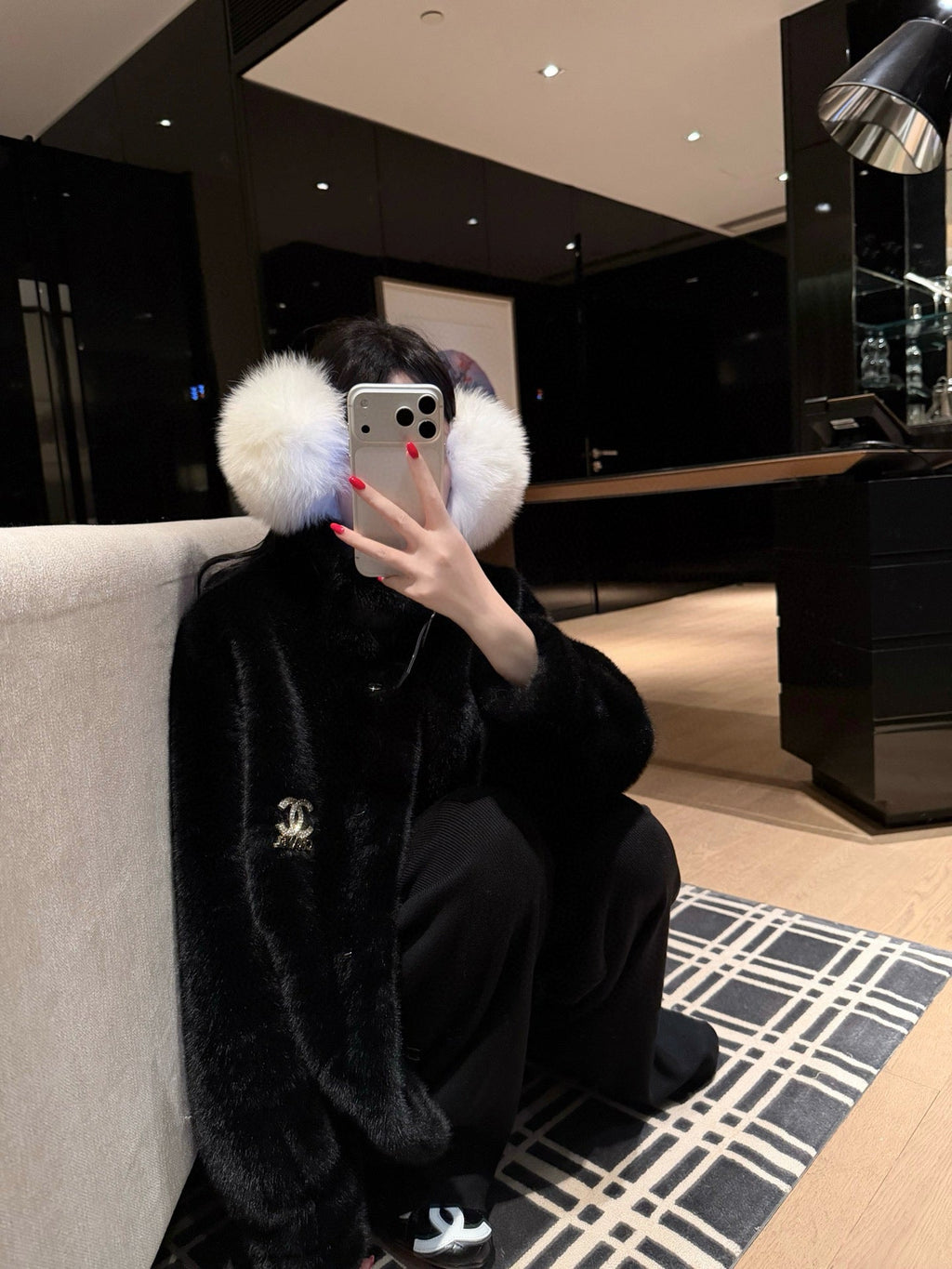Chanel Faux Fur Coat with Brooch