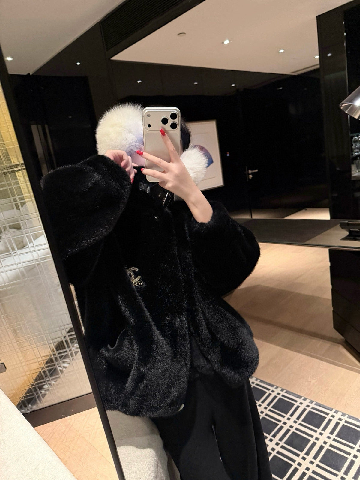 Chanel Faux Fur Coat with Brooch