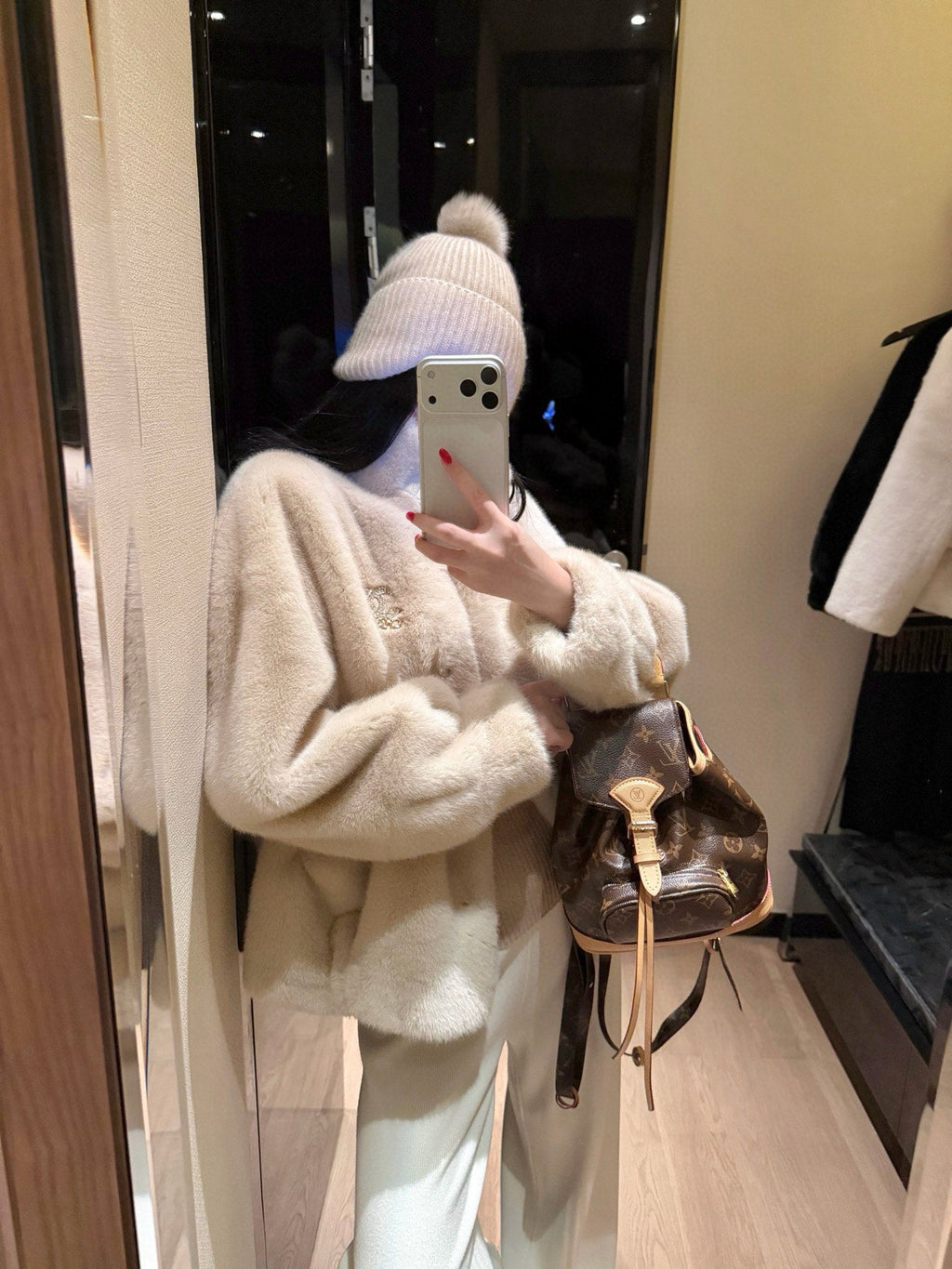 Chanel Faux Fur Coat with Brooch