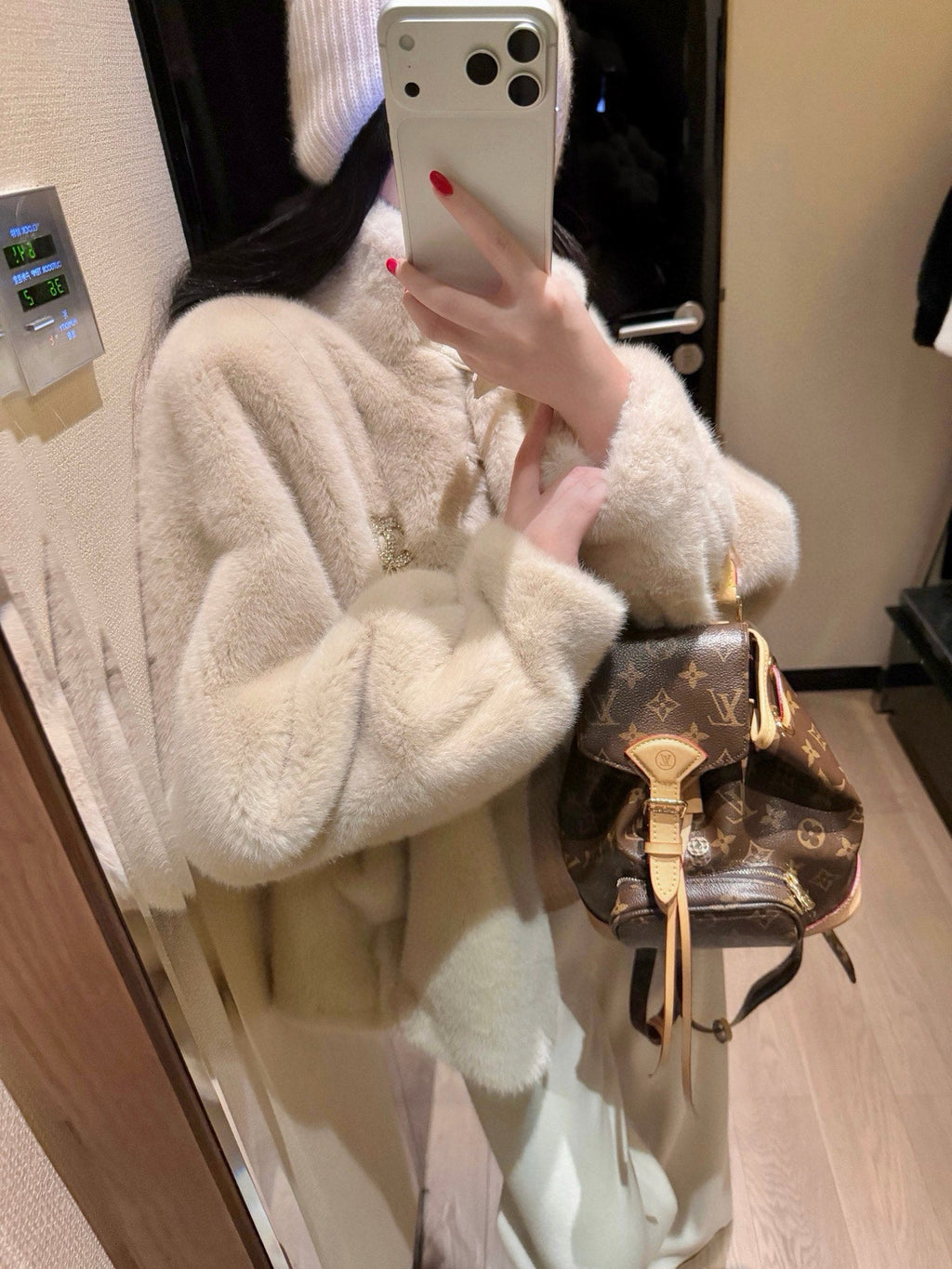 Chanel Faux Fur Coat with Brooch