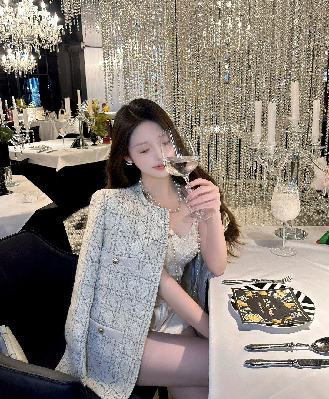 Dior Wealthy Heiress Diamond Quilted Tweed Down Jacket