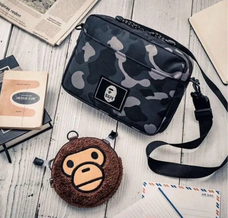 BAPE KIDS CAMO SHOULDER BAG & MILO POCHETTE SET (CAMOUFLAGE PATTERN, BLACK/GRAY AND BROWN COLORS, MULTI-USE BAG SET)