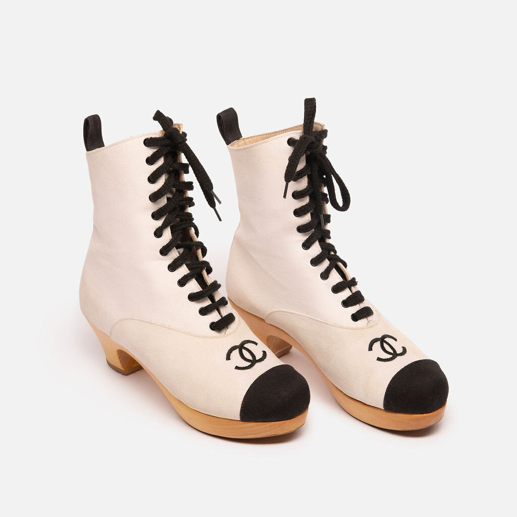 Chanel Runway Ivory & Black Wooden Heel Ankle Boots (1994)