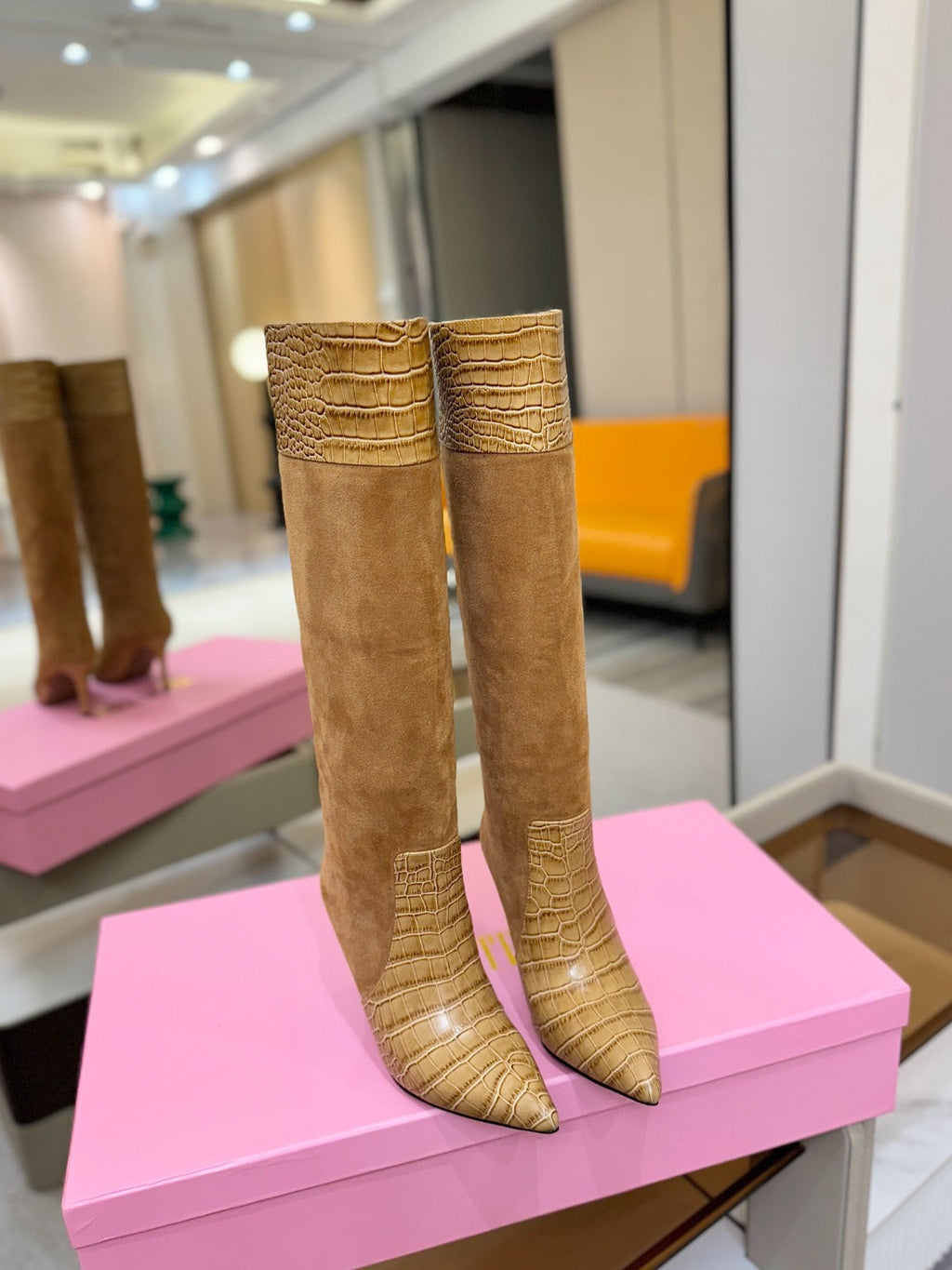 Paris Texas Crocodile Embossed Stiletto Knee-High Boots