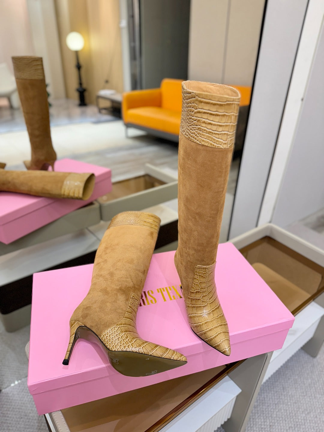 Paris Texas Crocodile Embossed Stiletto Knee-High Boots