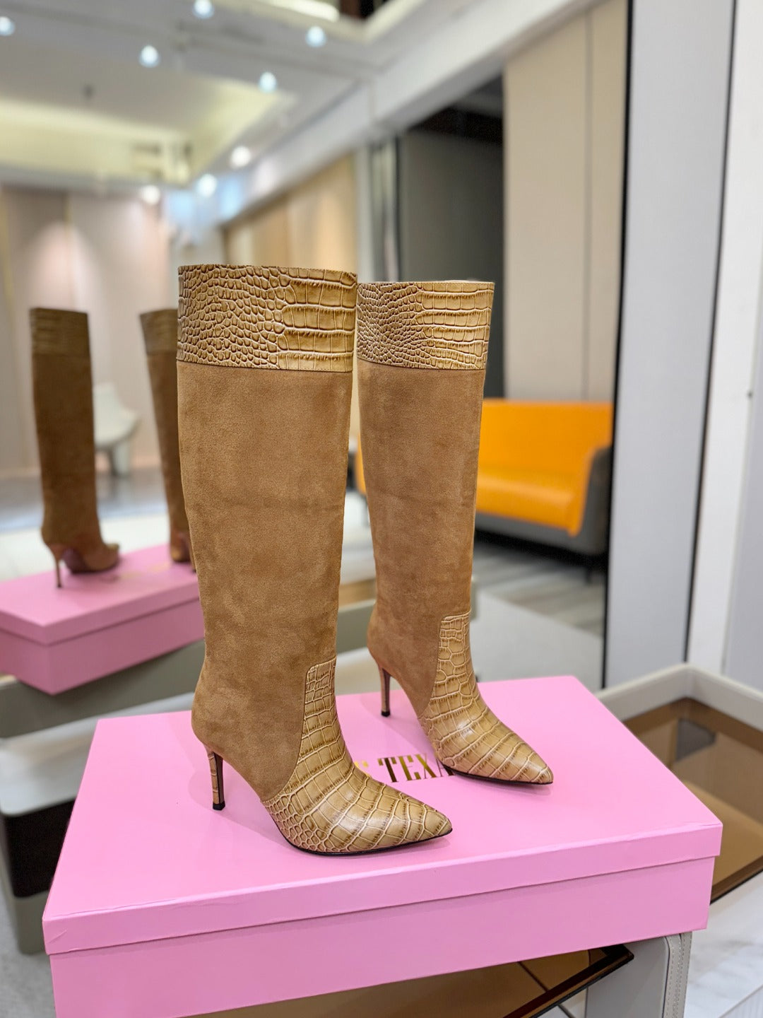 Paris Texas Crocodile Embossed Stiletto Knee-High Boots