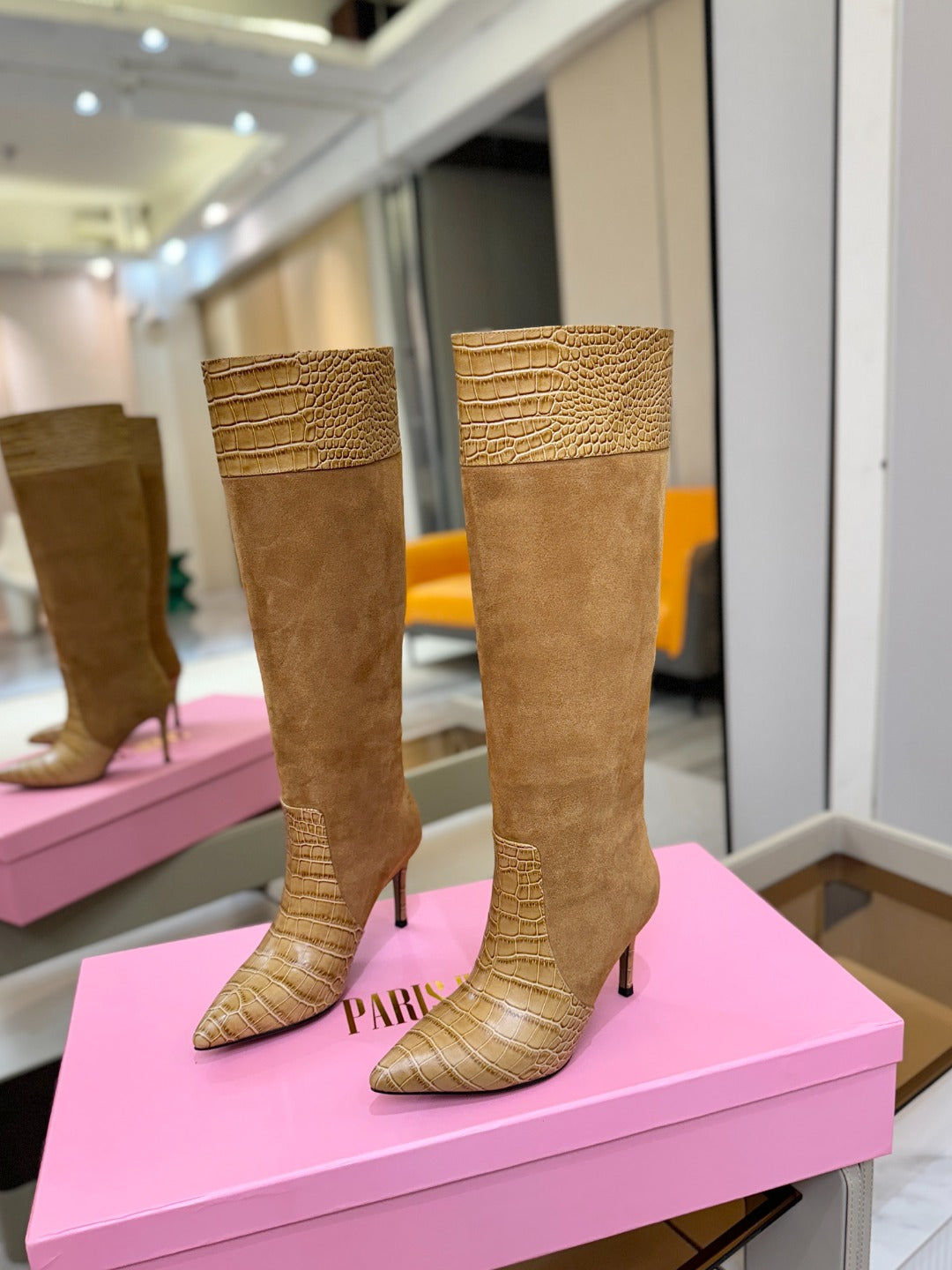 Paris Texas Crocodile Embossed Stiletto Knee-High Boots