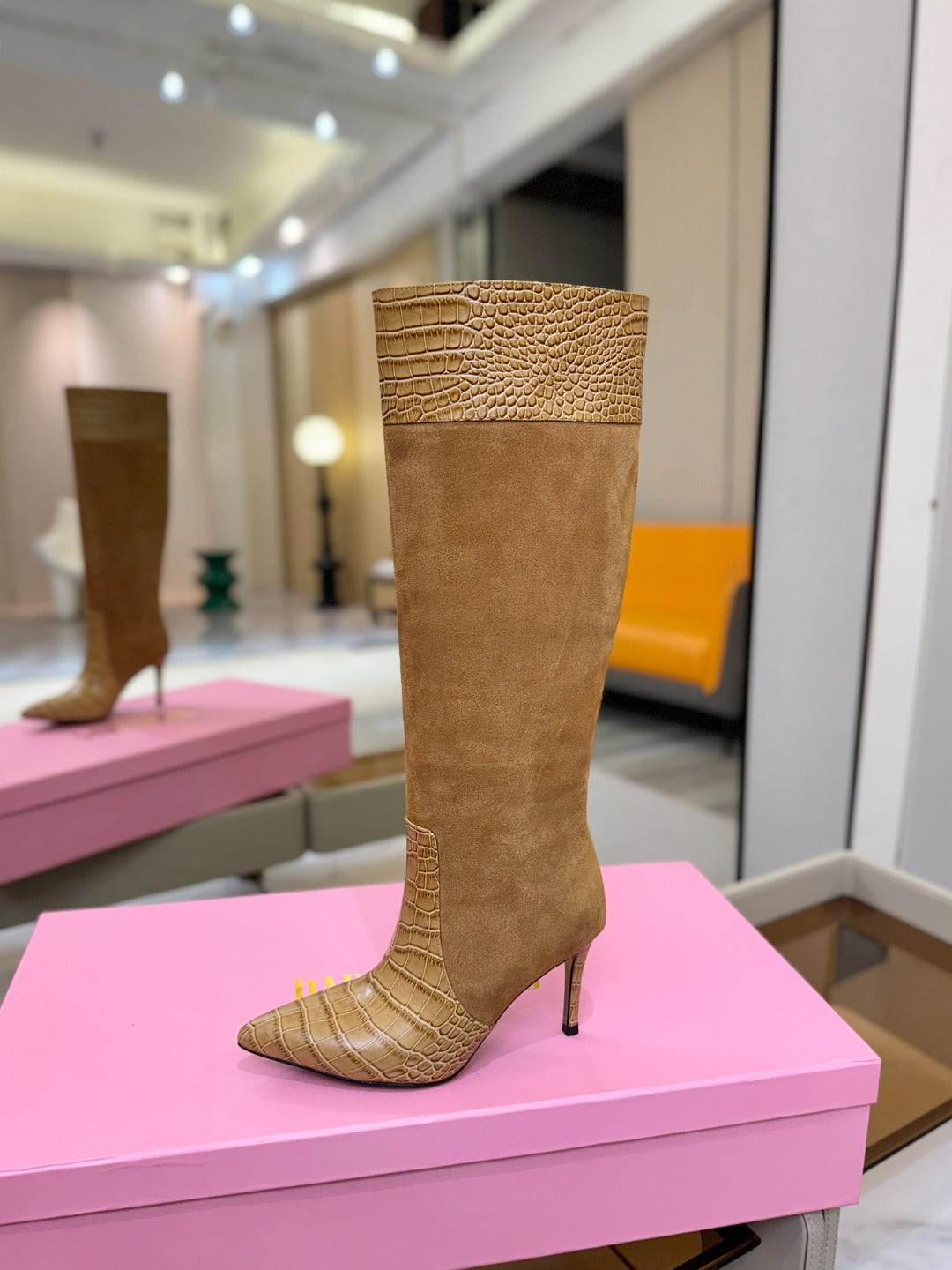 Paris Texas Crocodile Embossed Stiletto Knee-High Boots