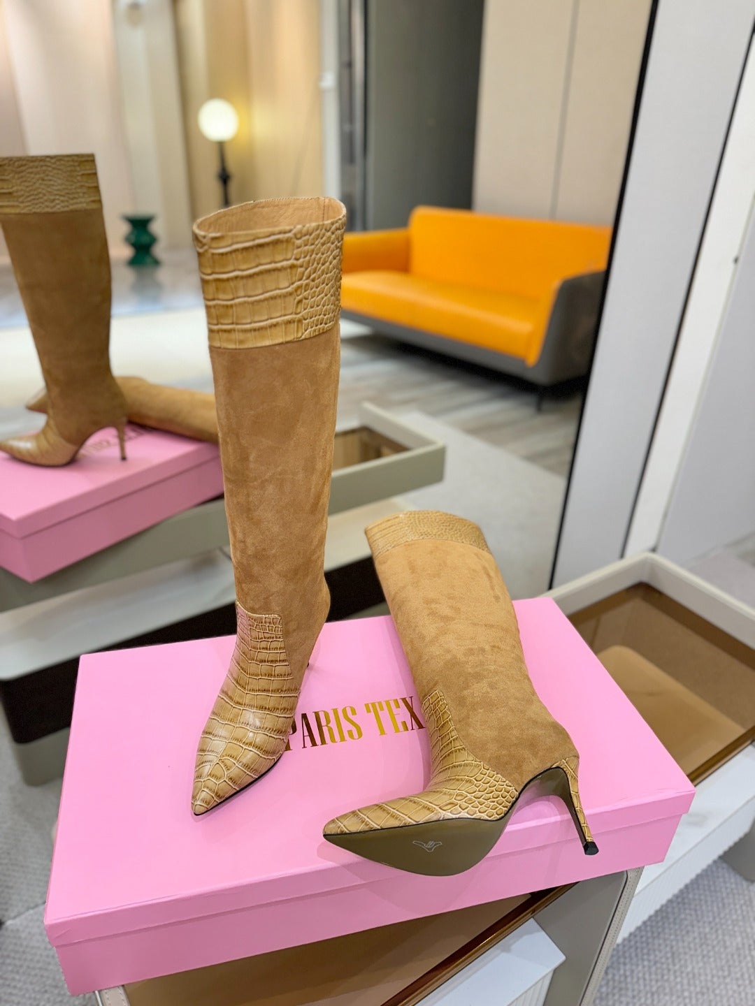 Paris Texas Crocodile Embossed Stiletto Knee-High Boots