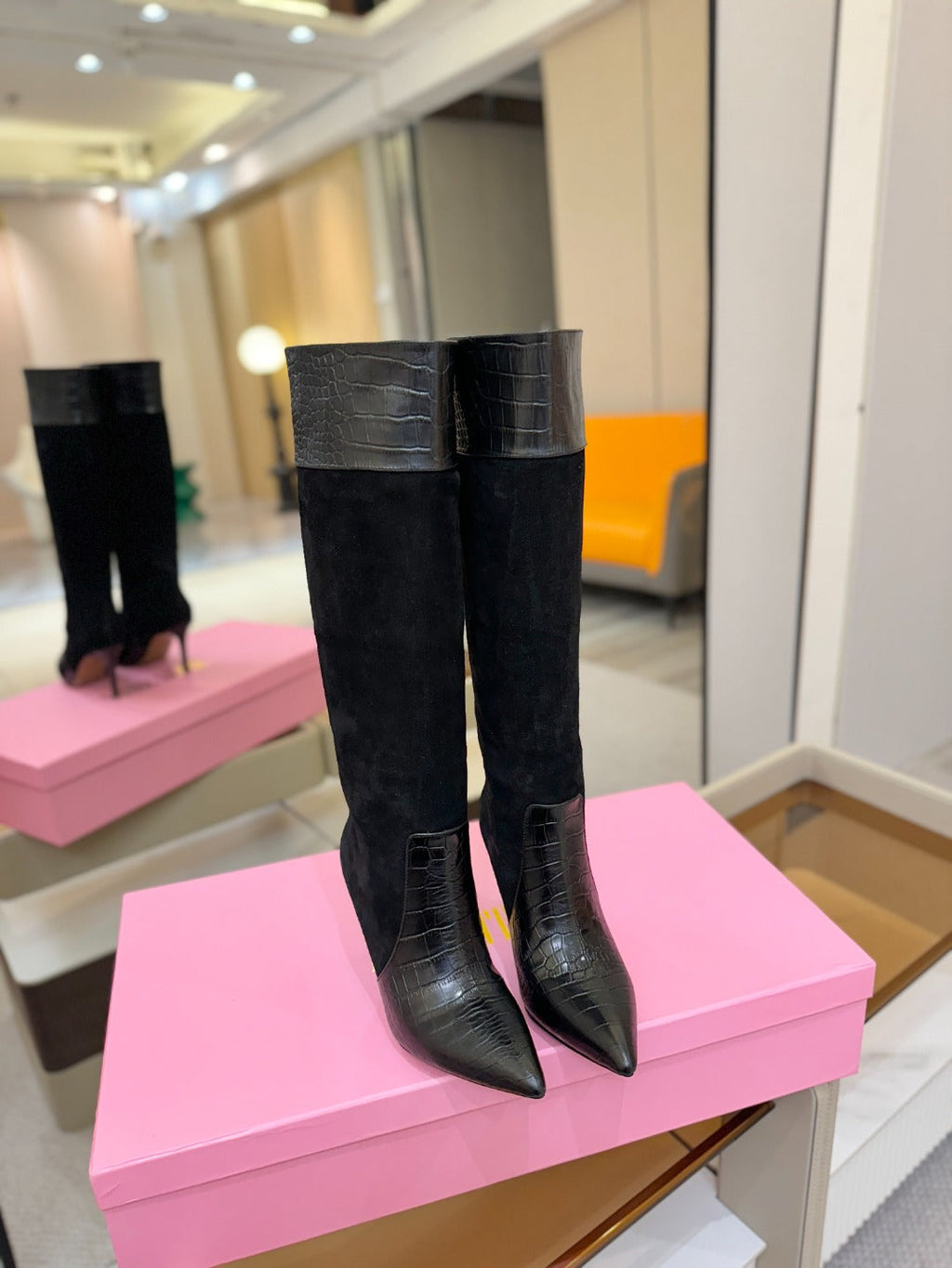 Paris Texas Crocodile Embossed Stiletto Knee-High Boots