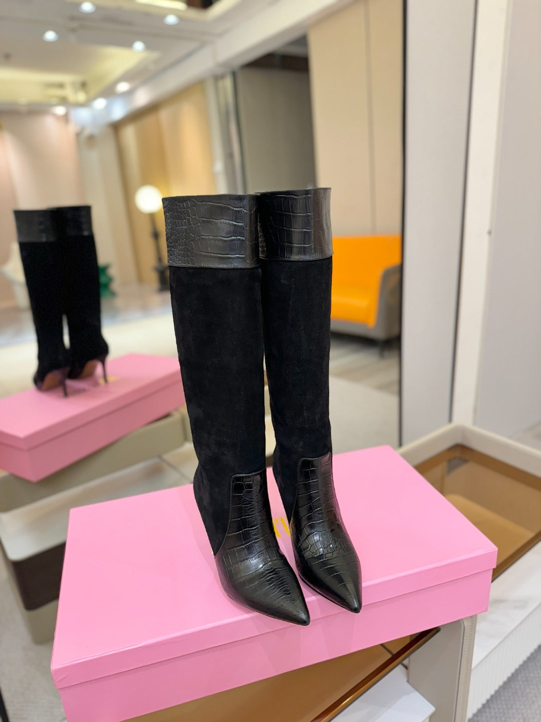 Paris Texas Crocodile Embossed Stiletto Knee-High Boots