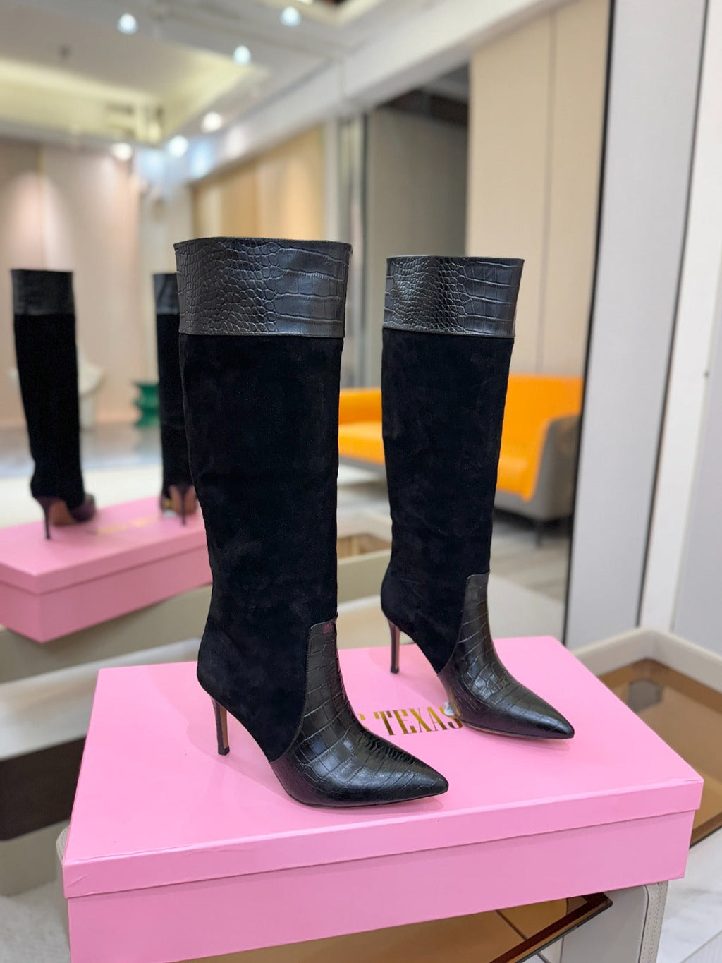 Paris Texas Crocodile Embossed Stiletto Knee-High Boots