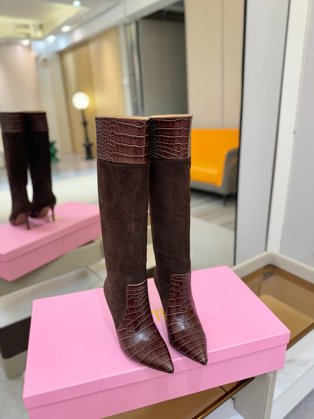 Paris Texas Crocodile Embossed Stiletto Knee-High Boots