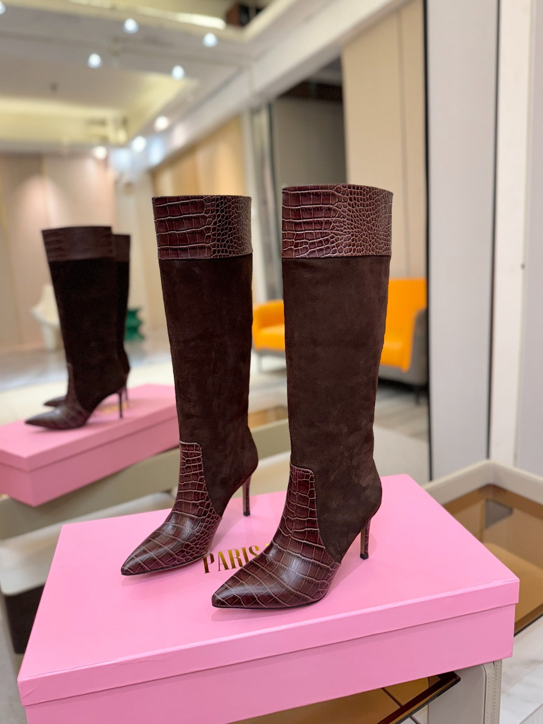 Paris Texas Crocodile Embossed Stiletto Knee-High Boots