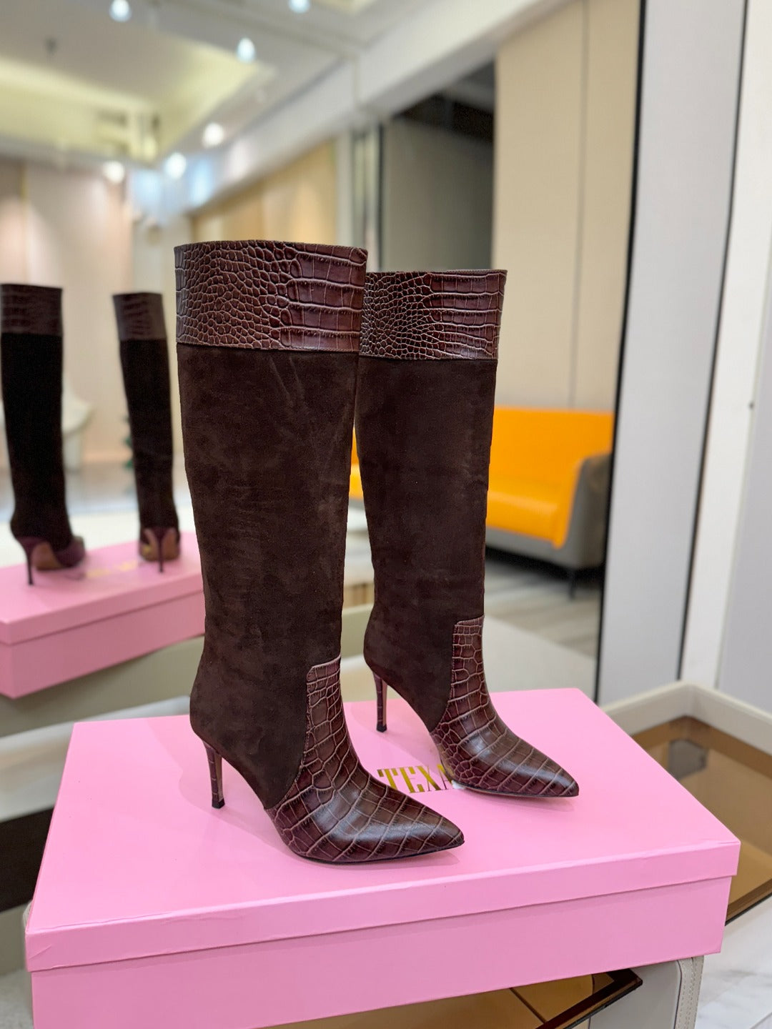 Paris Texas Crocodile Embossed Stiletto Knee-High Boots