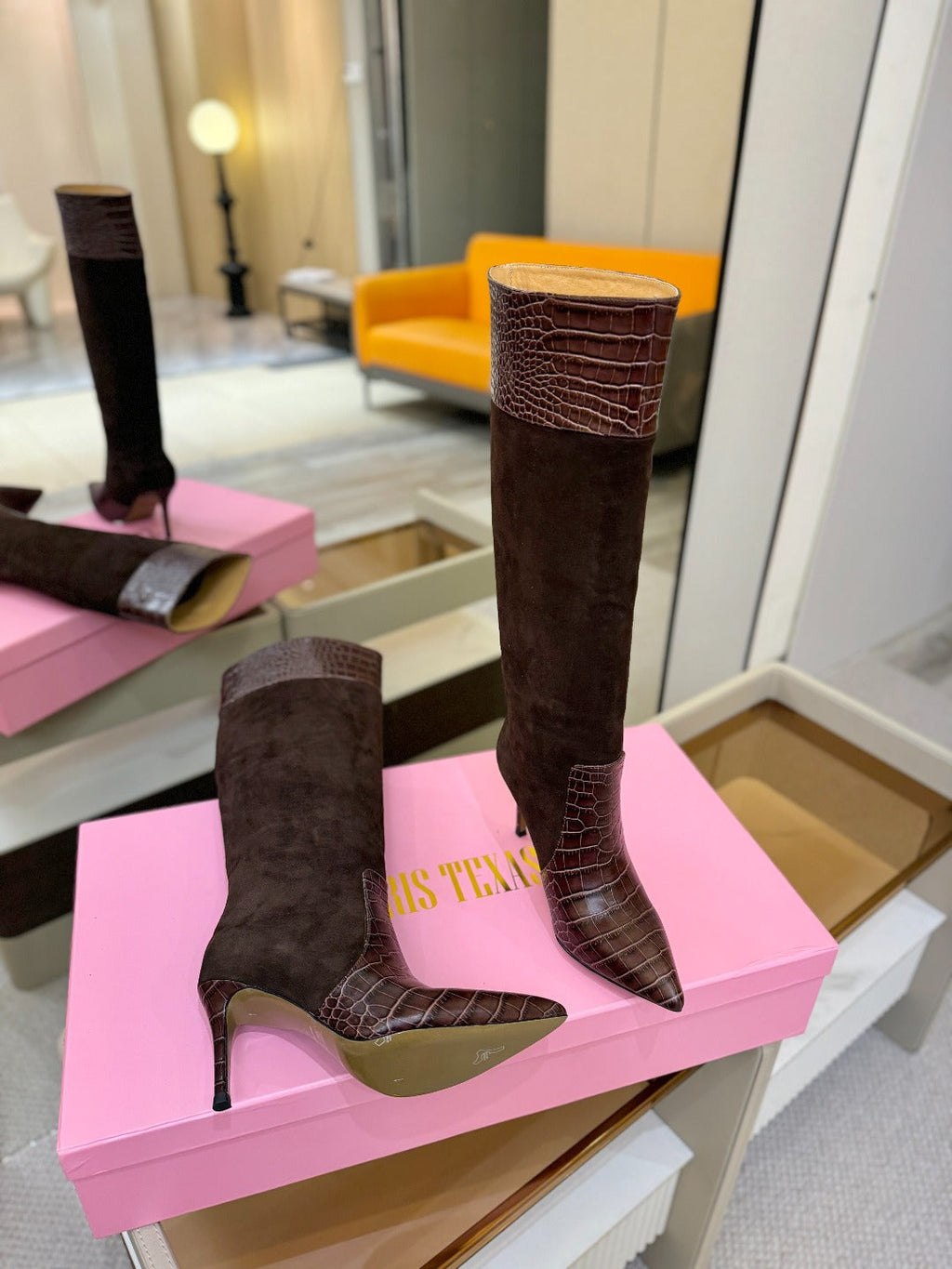 Paris Texas Crocodile Embossed Stiletto Knee-High Boots