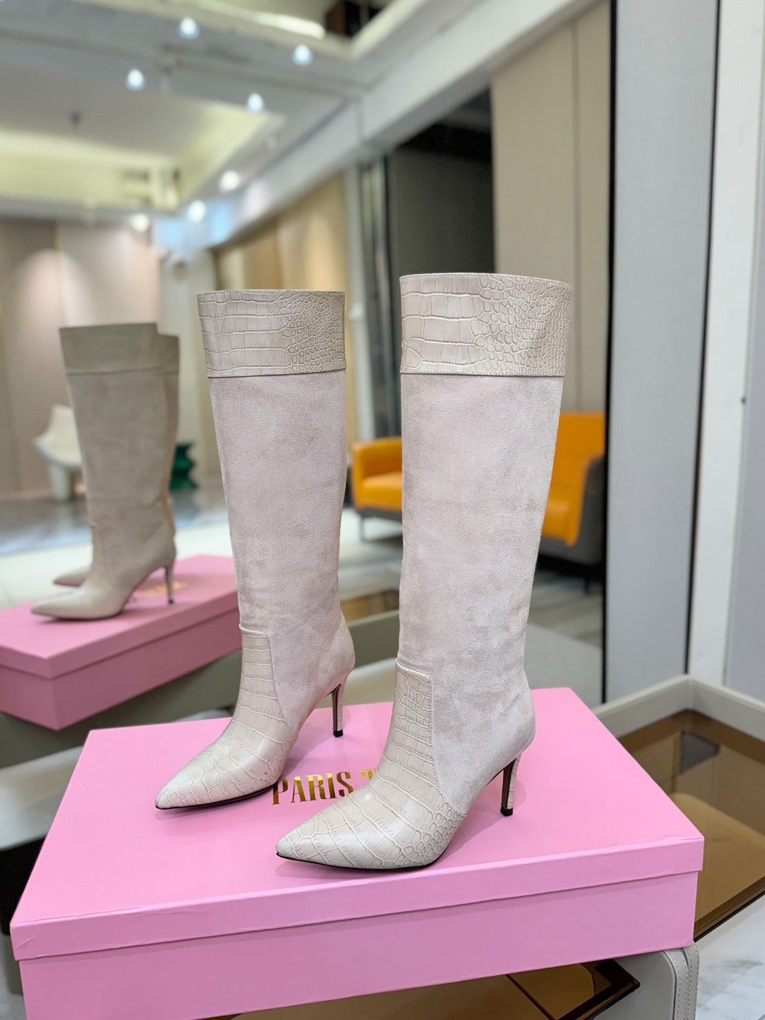 Paris Texas Crocodile Embossed Stiletto Knee-High Boots
